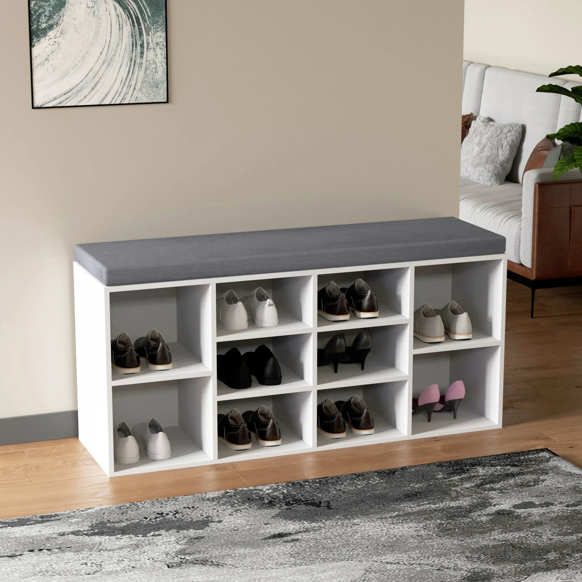 Armoire à chaussures blanche ESTHA 10 avec coussin d'assise gris et douze niches ouvertes de hjh LIVING