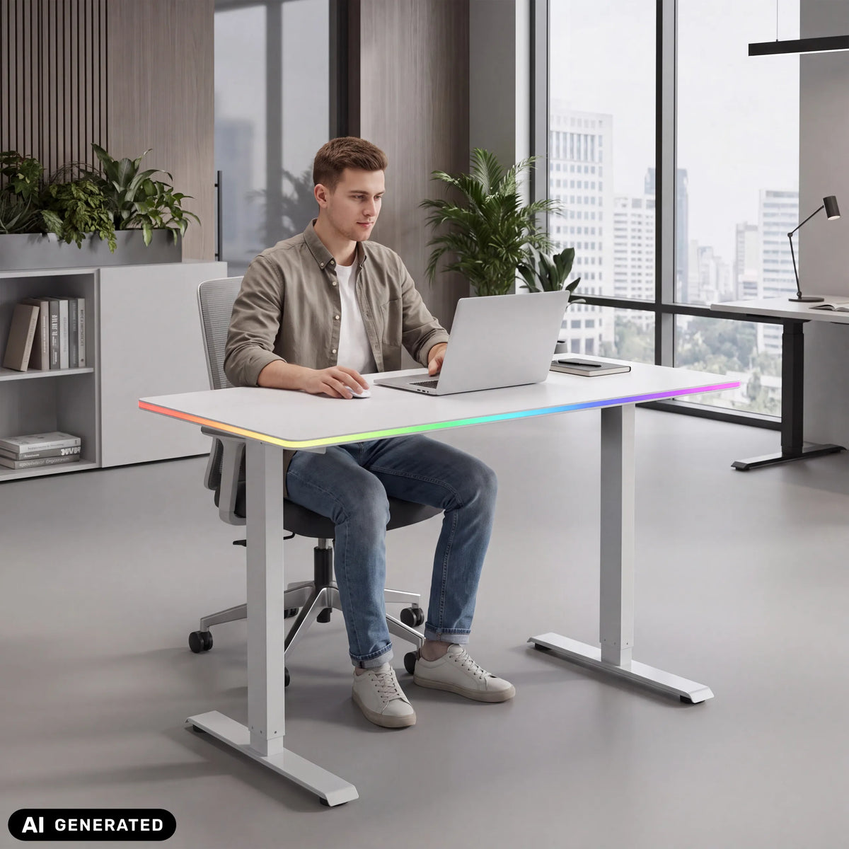 Bureau réglable en hauteur électriquement Worktime LED en blanc avec éclairage RGB intégré sur le bord de hjh OFFICE
