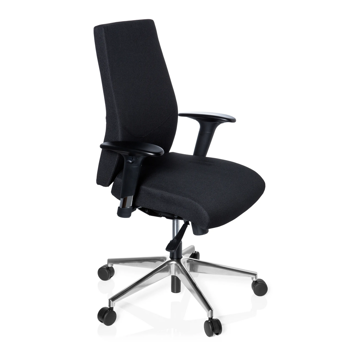 Siège de bureau de qualité professionnelle PRO-TEC 250 noir avec accoudoirs et pied à cinq roulettes de hjh OFFICE – vue à 360° (vue de trois quarts avant 60°)
