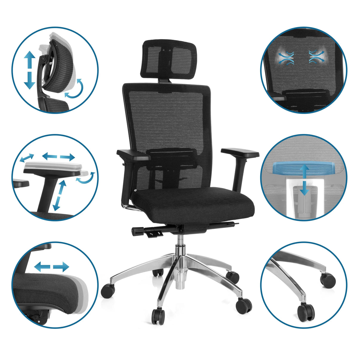 Siège de bureau de qualité professionnelle ASTRA LUX en noir avec dossier en maille et diverses options de réglage de hjh OFFICE