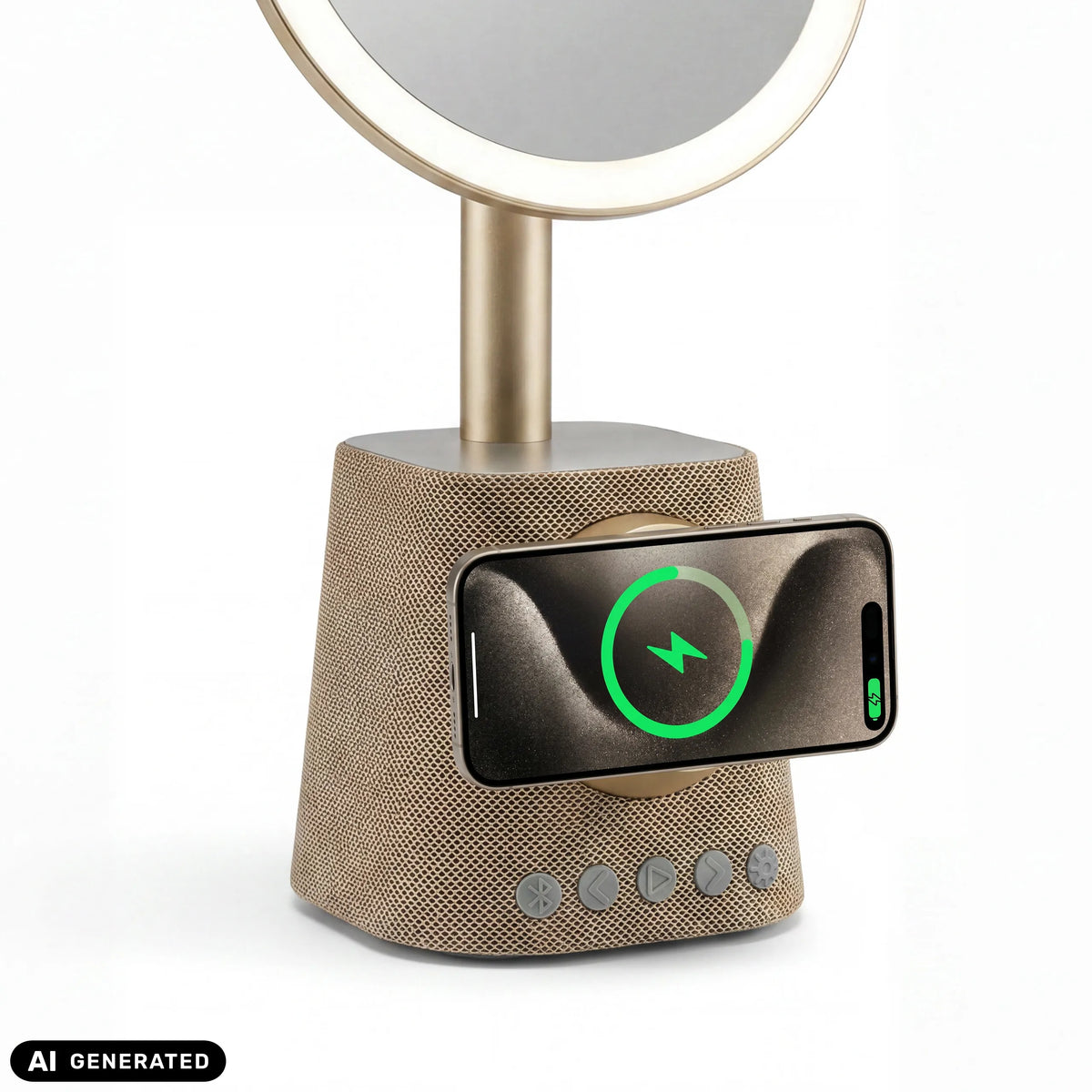 Station de charge à induction pour smartphones sur le Miroir de Maquillage Glamlody en doré de hjh OFFICE (image générée par IA)