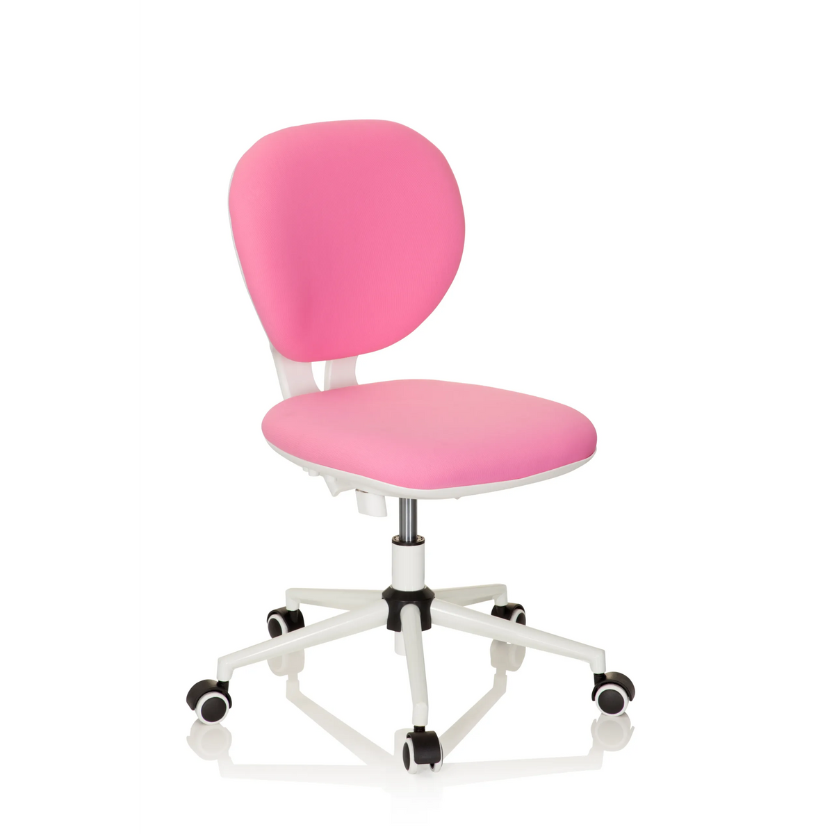 Chaise pivotante pour des enfants KID VIVO rose avec pied en étoile blanc et cinq roulettes de hjh OFFICE – vue à 360° (vue de trois quarts avant 40°)
