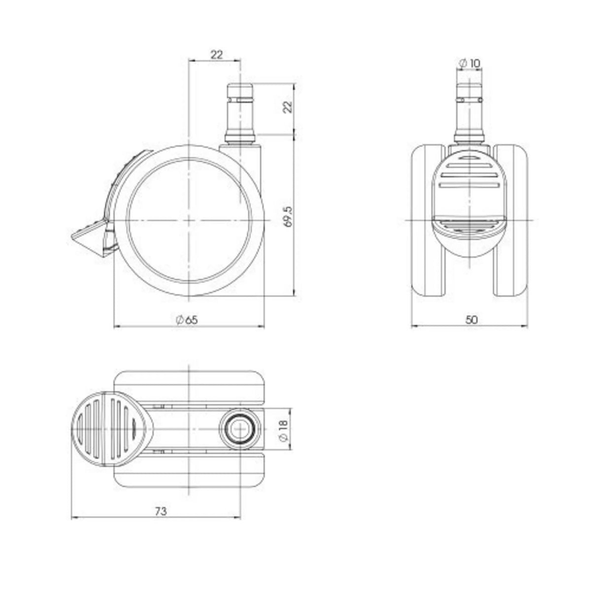 Dessin technique des Roulettes 5x ROLO STOP 10mm/65mm avec un diamètre de 65 mm de hjh OFFICE