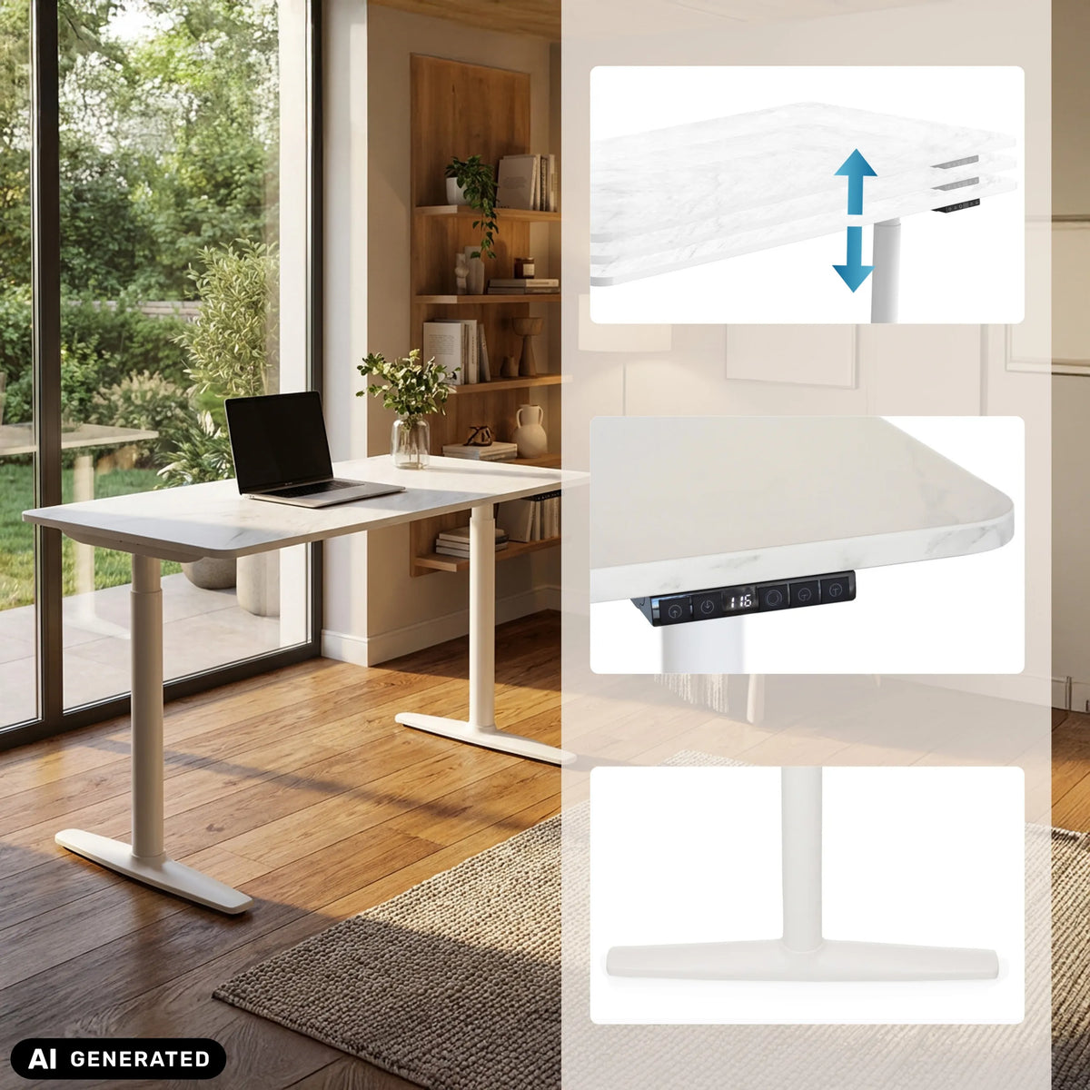 Bureau réglable en hauteur électriquement STAND PRO blanc effet marbre de hjh OFFICE (image générée par IA)