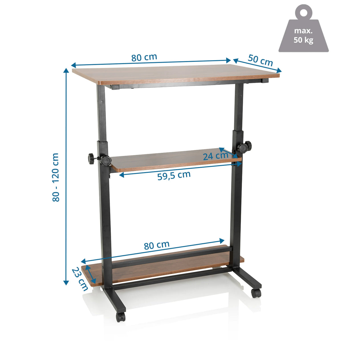 Dessin coté du Bureau assis-debout WORKSTATION II de 80 × 50 cm et d'une hauteur de 80 à 120 cm de hjh OFFICE