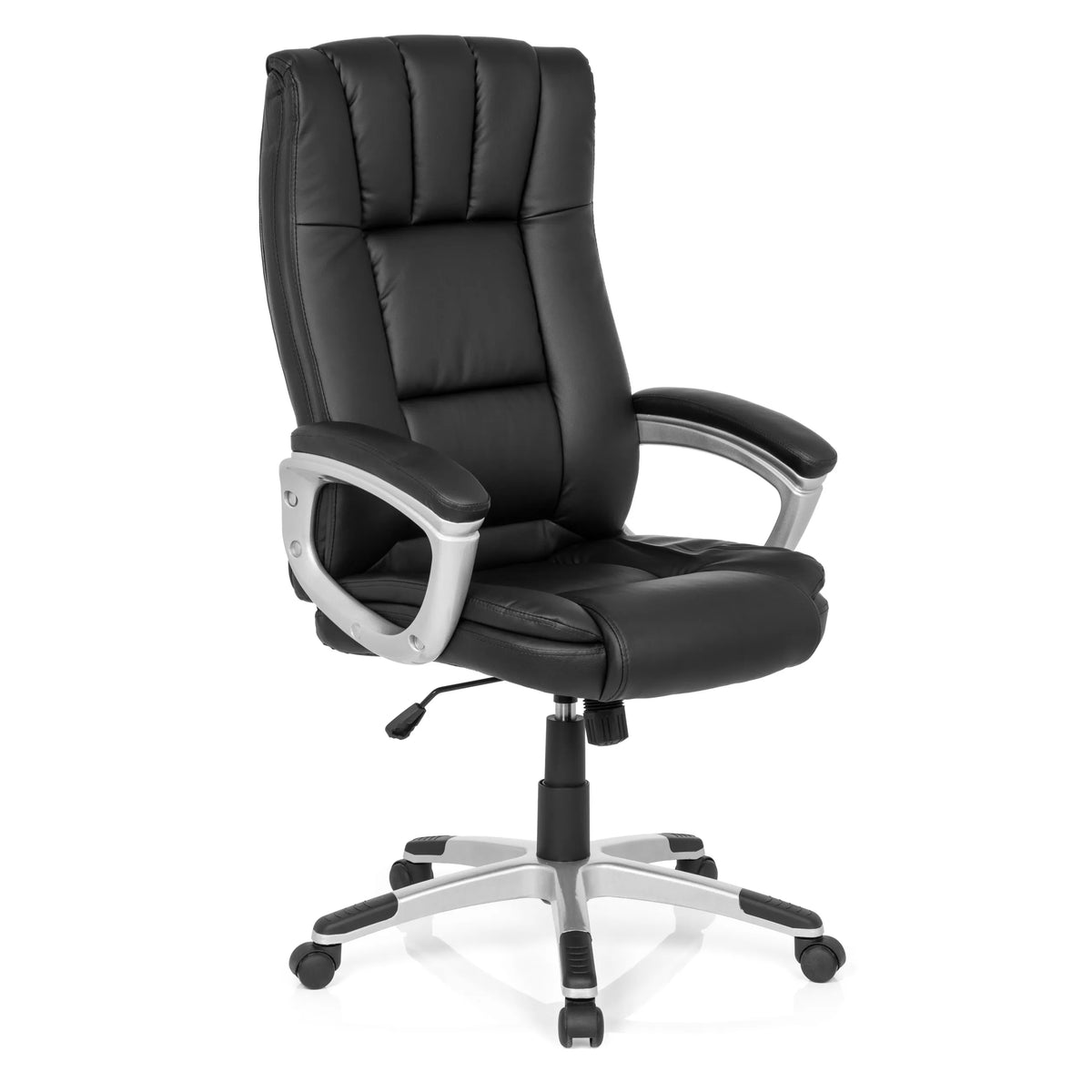 Siège de bureau à domicile RELAX CL150 noir avec revêtement matelassé et base à cinq roulettes de MyBuero – vue à 360° (vue de trois quarts avant 40°)