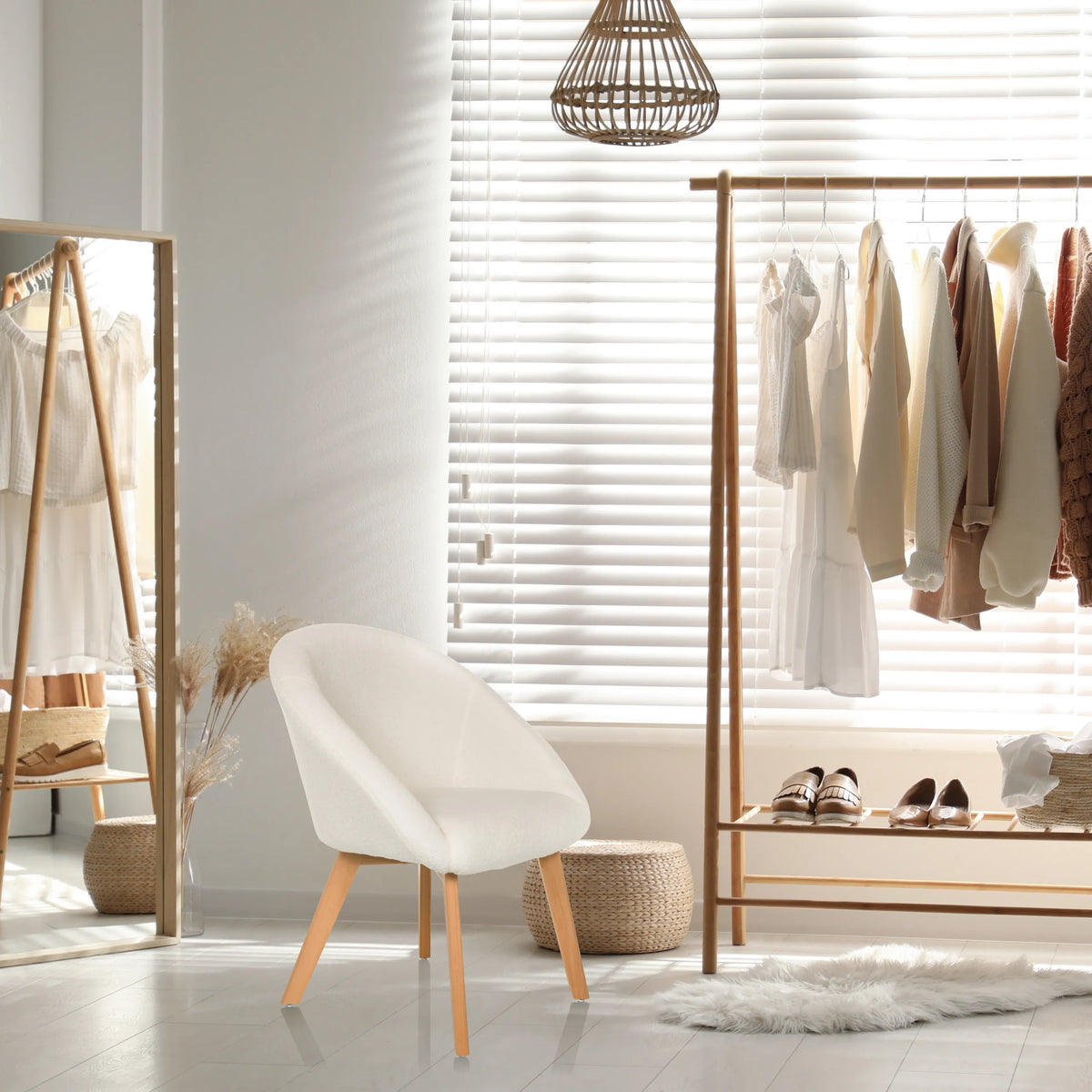 Chaise rembourrée blanche SCANDI TED avec pieds en bois clair dans une pièce lumineuse de hjh LIVING