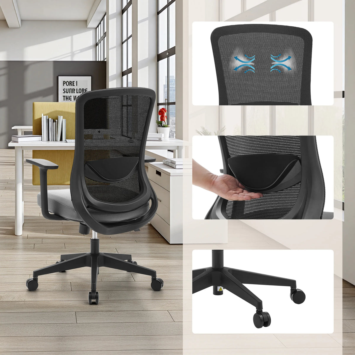 Siège de bureau à domicile Sedito noir et gris avec dossier en maille, support lombaire et roulettes de hjh OFFICE