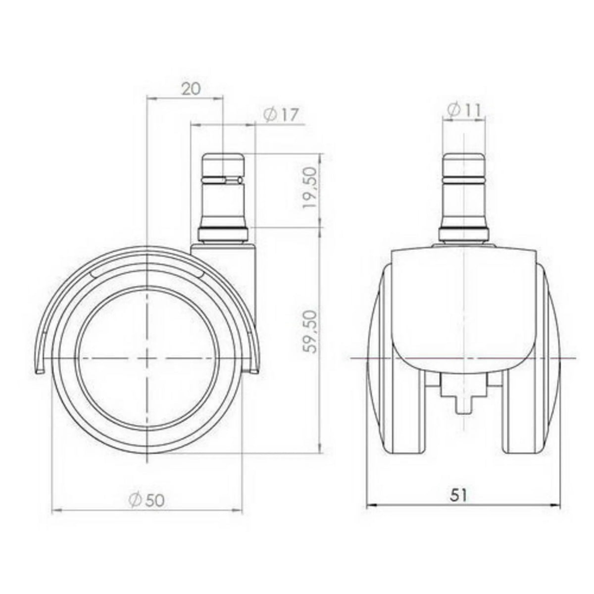 Dessin technique des Roulettes 5x ROLO FIX 11mm/50mm d'un diamètre de 50 mm de hjh OFFICE