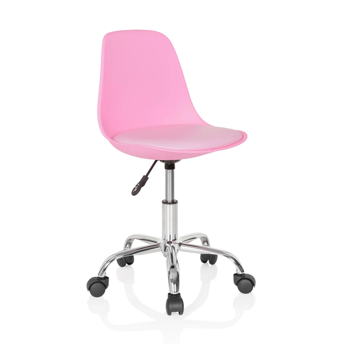 Chaise pivotante pour des enfants FANCY II rose avec coque incurvée et base à cinq roulettes de hjh OFFICE – vue à 360° (vue de trois quarts avant 40°)