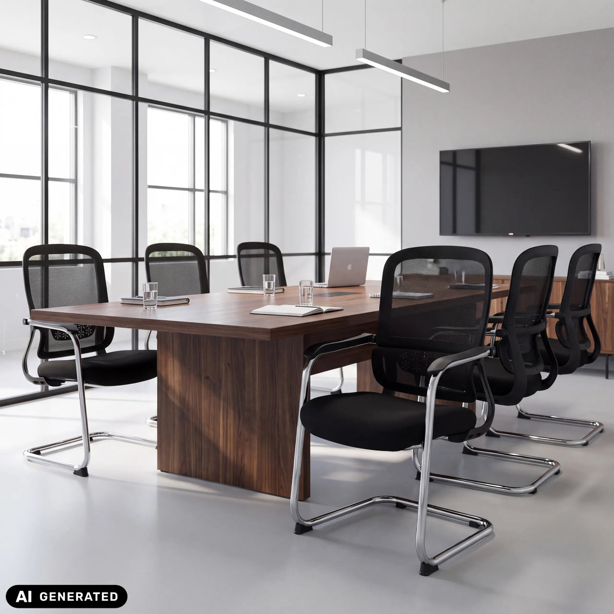 Chaises cantilever Ergomy Meet noires à une table de conférence de hjh OFFICE (image générée par IA)