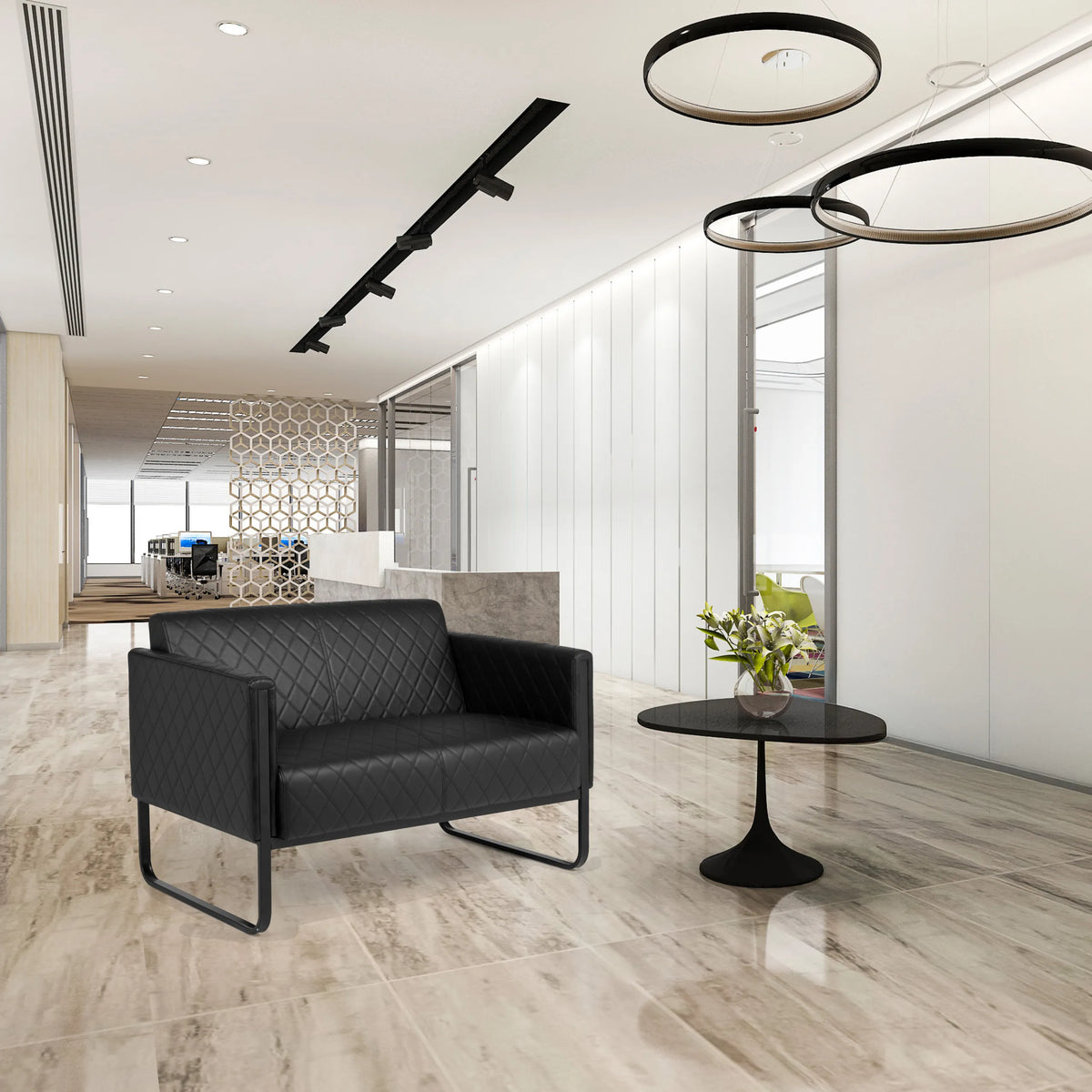Canapé lounge 2 places ARUBA BLACK noir avec surpiqûres en losanges et structure métallique de hjh OFFICE