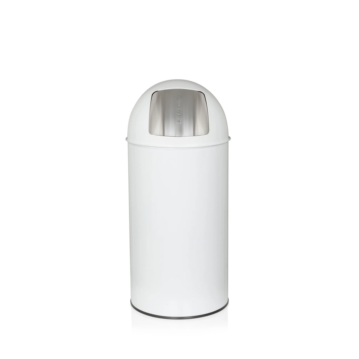 Poubelle PUSH 35L blanche avec sommet arrondi et ouverture de dépôt argentée de hjh OFFICE – vue à 360° (vue de face 0°)