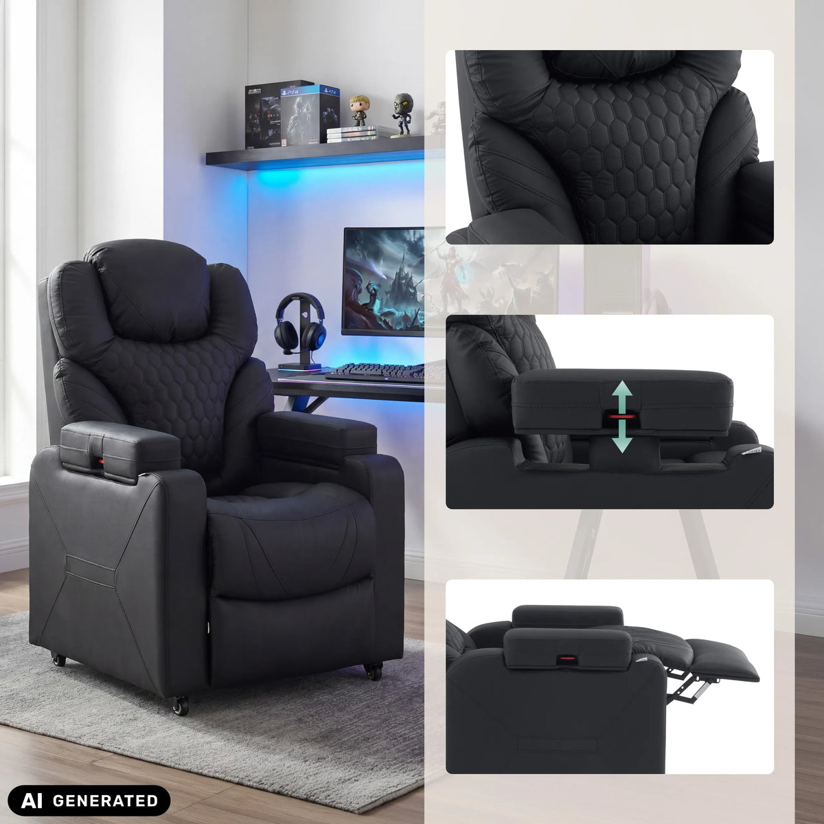 Fauteuil de salon Game Sport RX noir avec appui-tête réglable et repose-pieds de hjh OFFICE (image générée par IA)