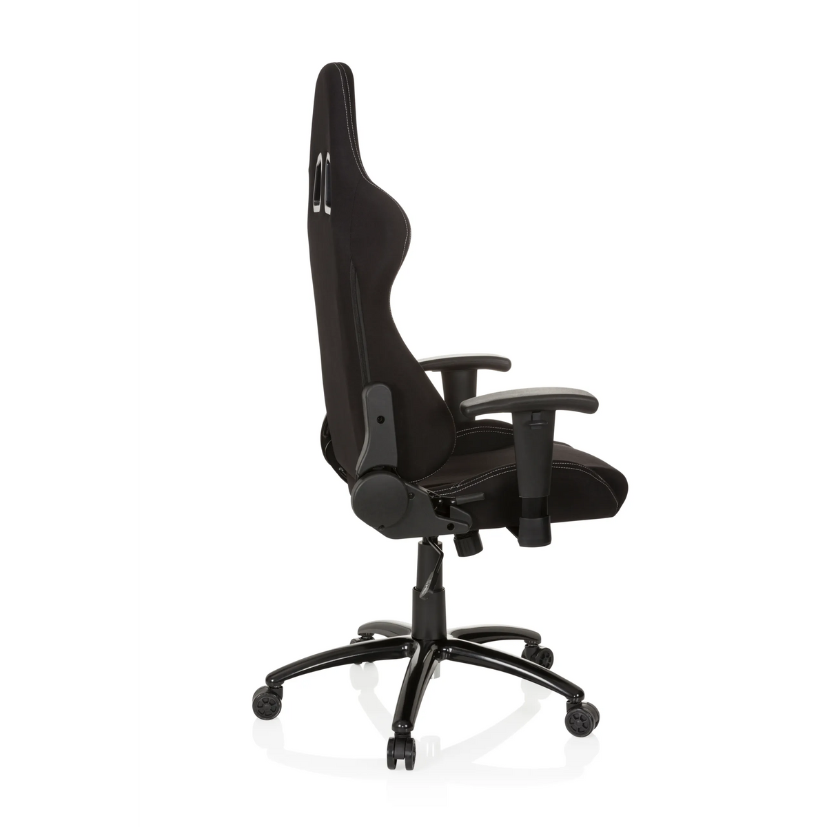 Fauteuil Gamer noir GAME FORCE avec appui-tête, accoudoirs et base à cinq roulettes de hjh OFFICE – vue à 360° (vue de profil 100°)