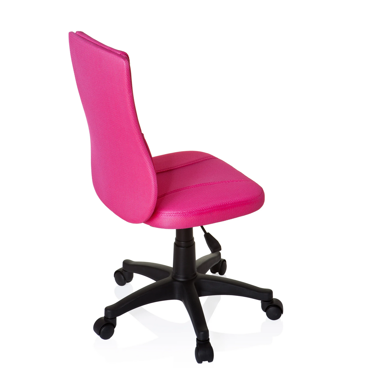 Chaise pivotante pour des enfants KIDDY BASE rose avec dossier en maille et base noire à cinq roulettes de hjh OFFICE – vue à 360° (vue de trois quarts arrière 120°)