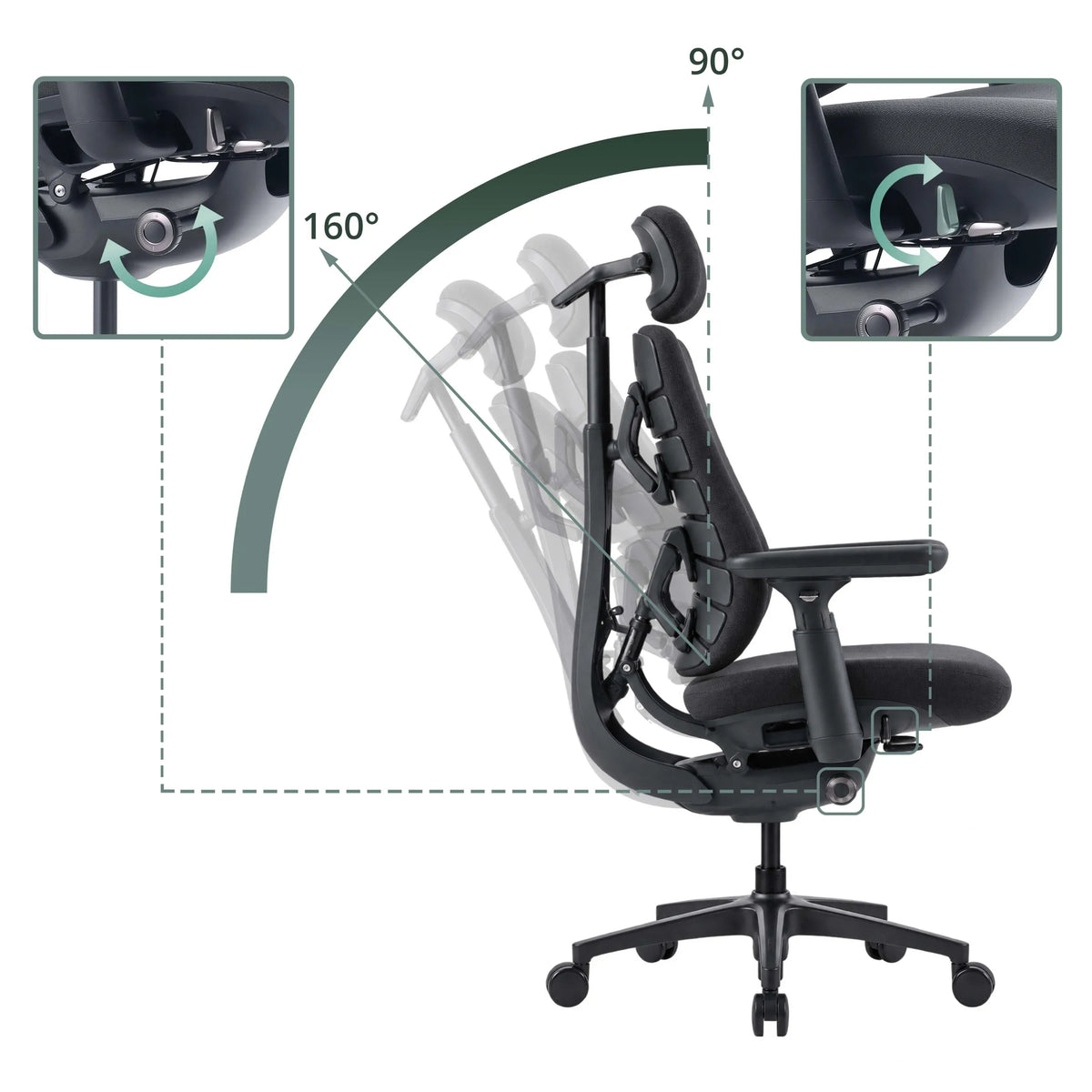 Dossier réglable du fauteuil de bureau LiberNovo Maxis Airflow avec un angle d'inclinaison de 90° à 160° de Libernovo