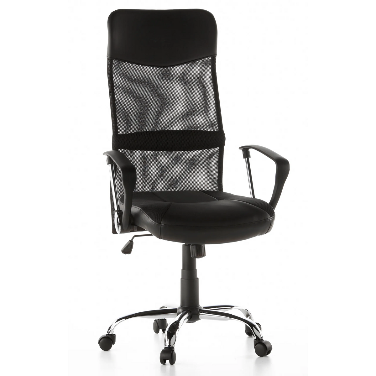 Siège de direction pour bureau à domicile ARTON 20 noir avec dossier en maille et base à cinq roulettes de hjh OFFICE – vue à 360° (vue de face 20°)