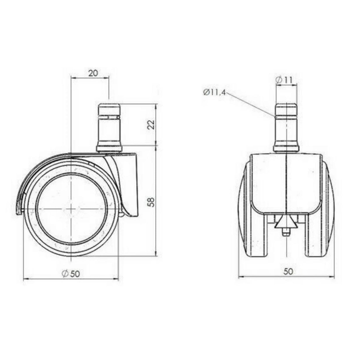 Dessin technique des roulettes 5x ROLO LUX 11mm/50mm avec un diamètre de roue de 50 mm de hjh OFFICE