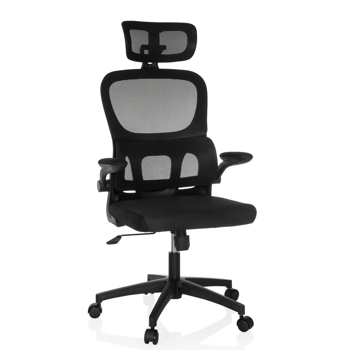 Siège de bureau à domicile ERGOMY FLEX noir avec dossier en maille, appui-tête et base à cinq roulettes de MyBuero – vue à 360° (vue de face 15°)