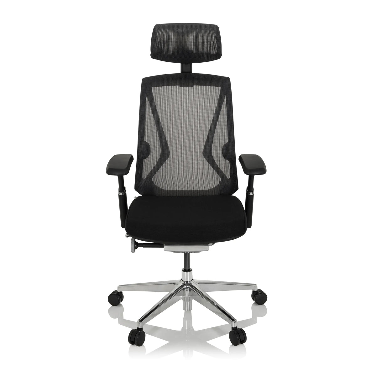Siège de bureau haut de gamme INSPERO noir avec dossier en maille, appui-tête et base à cinq roulettes de hjh OFFICE – vue à 360° (vue de face 0°)