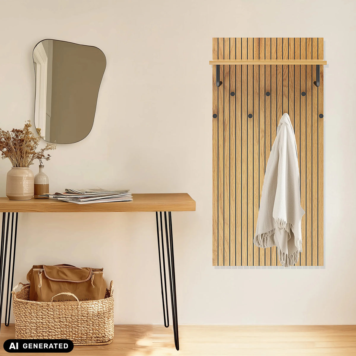Porte-manteaux mural LINNO SPACE en chêne avec crochets noirs et tablette de hjh LIVING (image générée par IA)