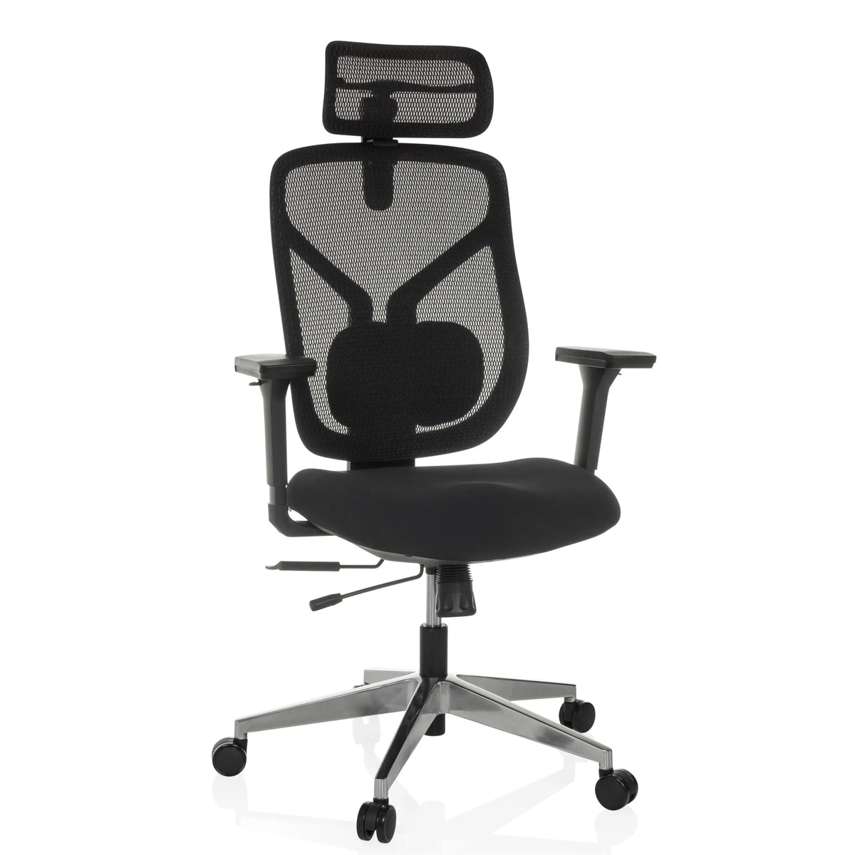Siège de bureau haut de gamme CASSILIS B noir avec dossier en maille et base à cinq roulettes de hjh OFFICE – vue à 360° (vue de face 15°)