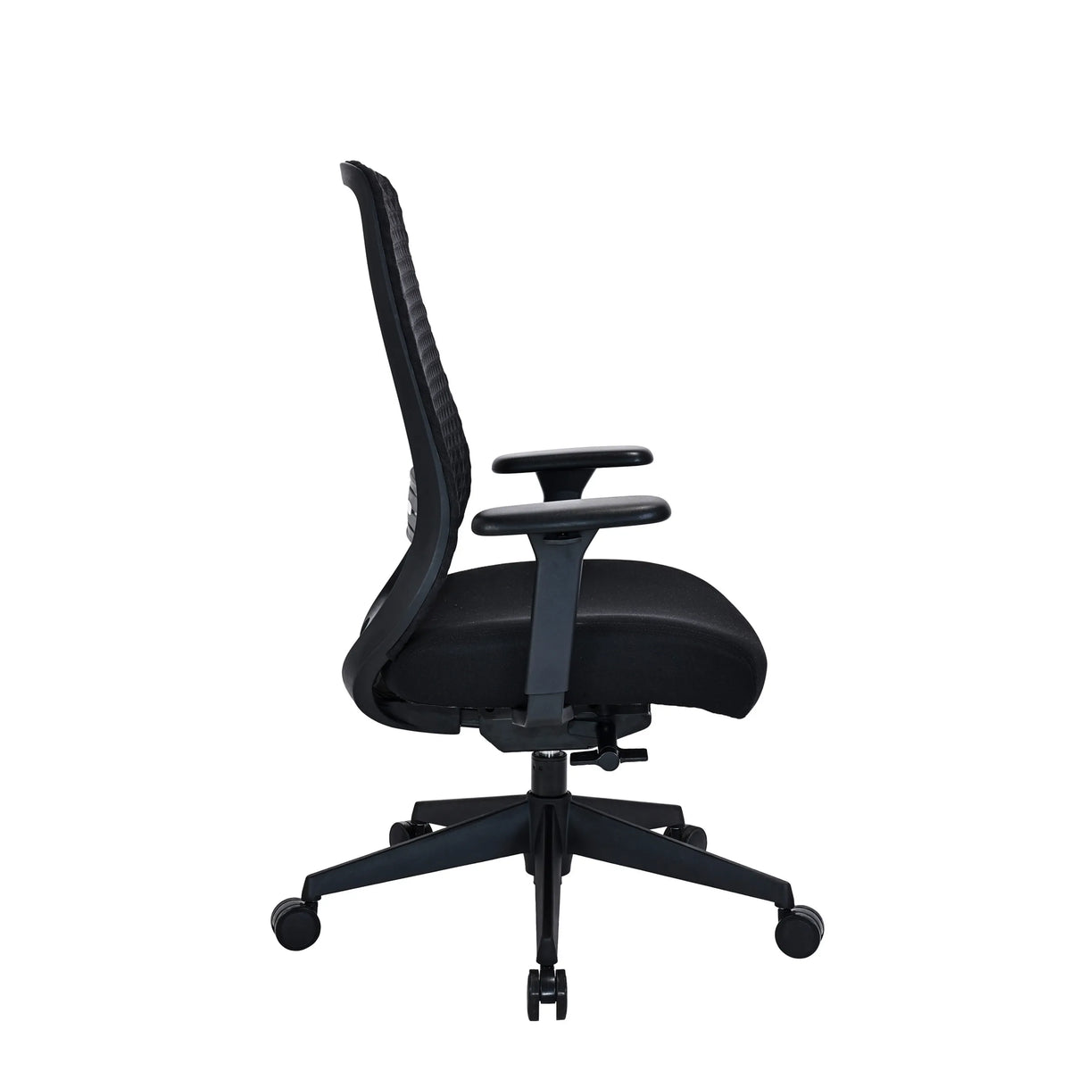 Vue latérale du Siège de bureau de qualité professionnelle Verviq en noir avec dossier en maille et base à roulettes de hjh OFFICE