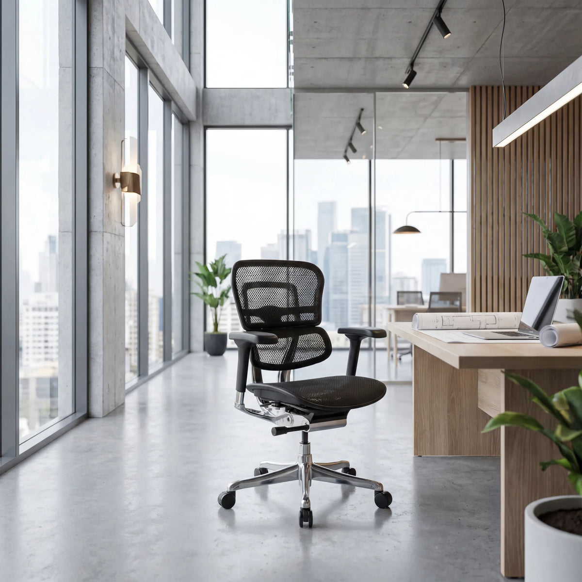 Siège de direction de luxe ERGOHUMAN BASE GEN2 avec maille noire dans un bureau de hjh OFFICE (image générée par IA)