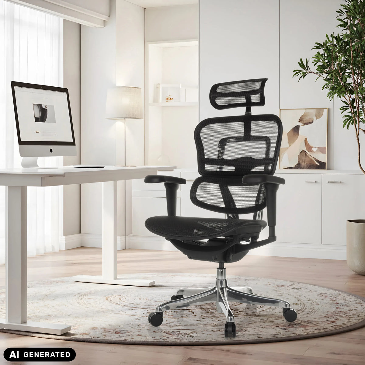 Schwarzer Luxus-Chefsessel ERGOHUMAN ULTRA GEN2 mit Netzrücken in einem Homeoffice von hjh OFFICE (KI-generiertes Bild)