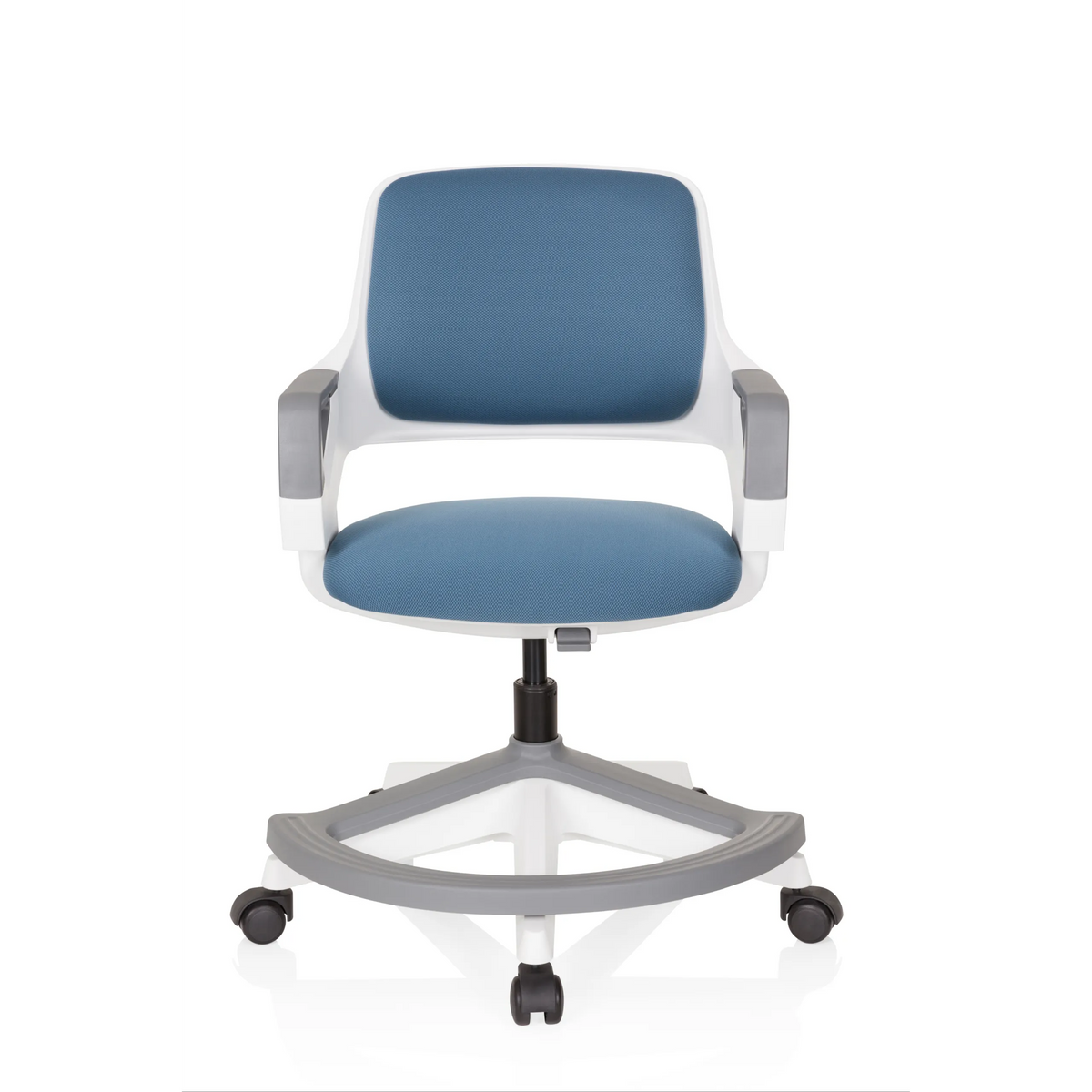 Chaise pivotante pour des enfants KID FLEX bleu gris avec accoudoirs et pied à cinq roulettes de hjh OFFICE – vue à 360° (vue de face 0°)