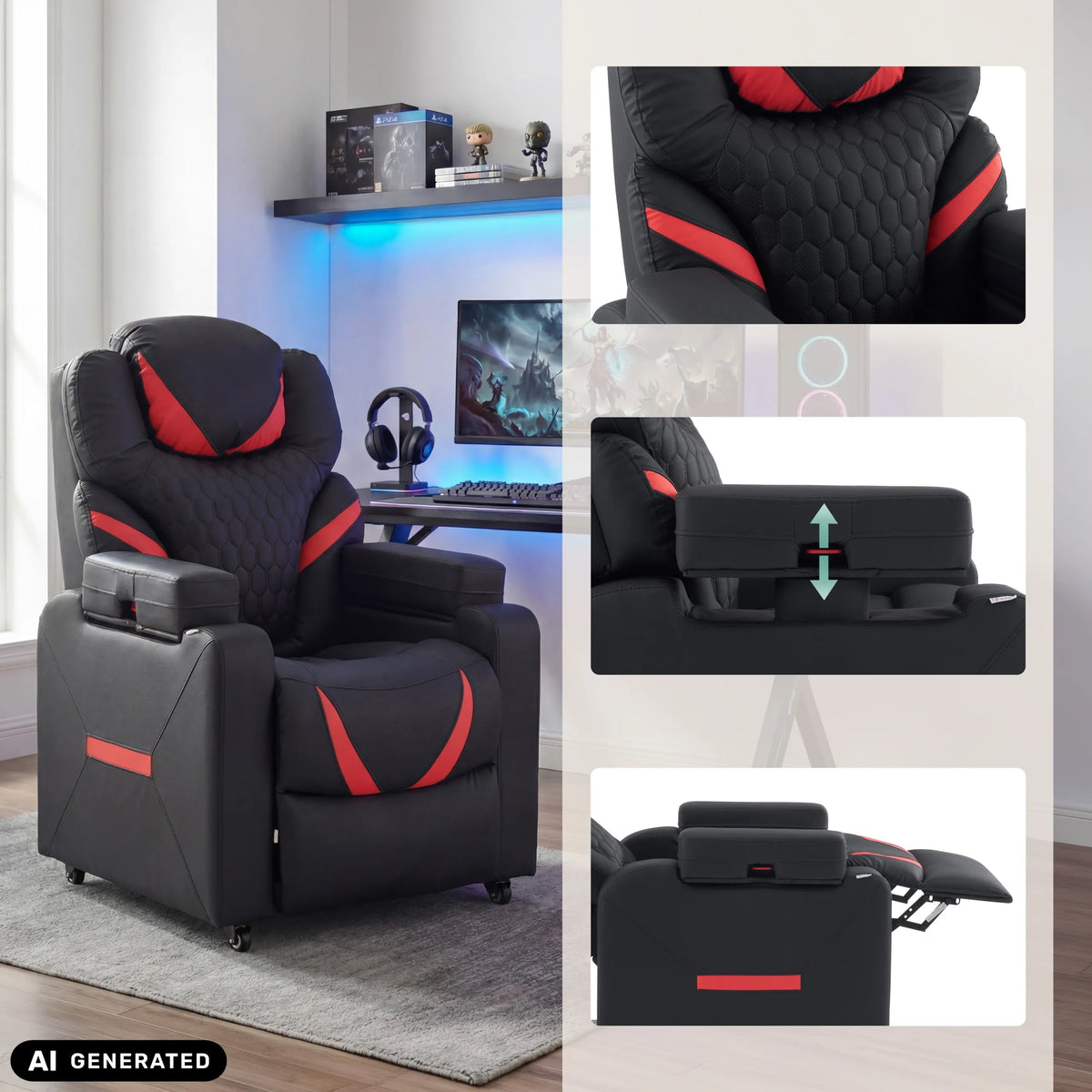 Fauteuil de salon Game Sport RX en noir et rouge avec accoudoir et repose-pieds réglables de hjh OFFICE (image générée par IA)