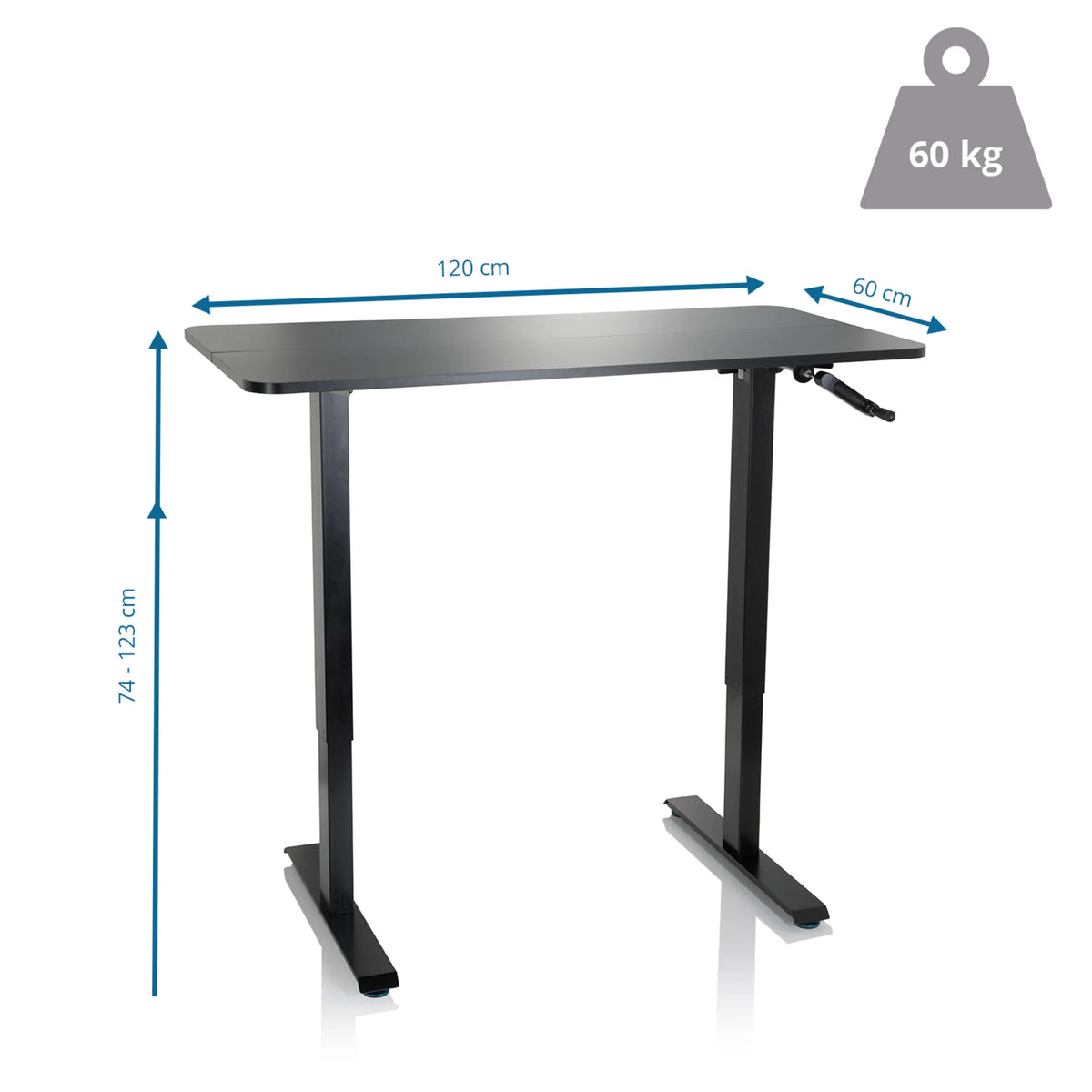 Dessin dimensionnel du Bureau assis-debout STAND CR de 120 x 60 cm et une capacité de charge de 60 kg de hjh OFFICE