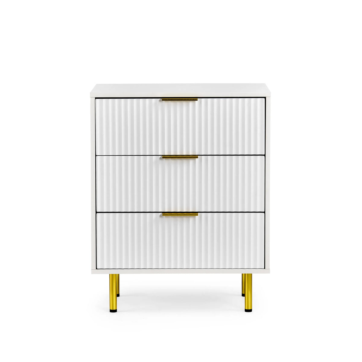 Commode blanche Hjelle K avec trois tiroirs rainurés, des poignées dorées et quatre pieds de couleur or de hjh LIVING – vue à 360° (vue de face 0°)
