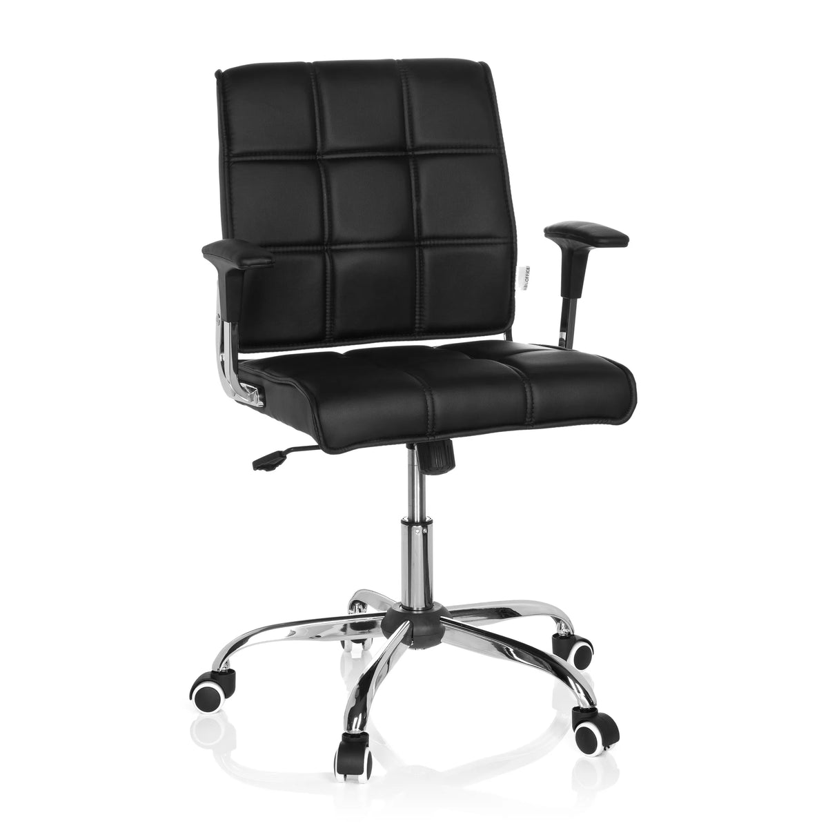 Siège de bureau à domicile ERNESTO noir avec rembourrage capitonné et base à cinq roulettes de hjh OFFICE – vue à 360° (vue de face 20°)