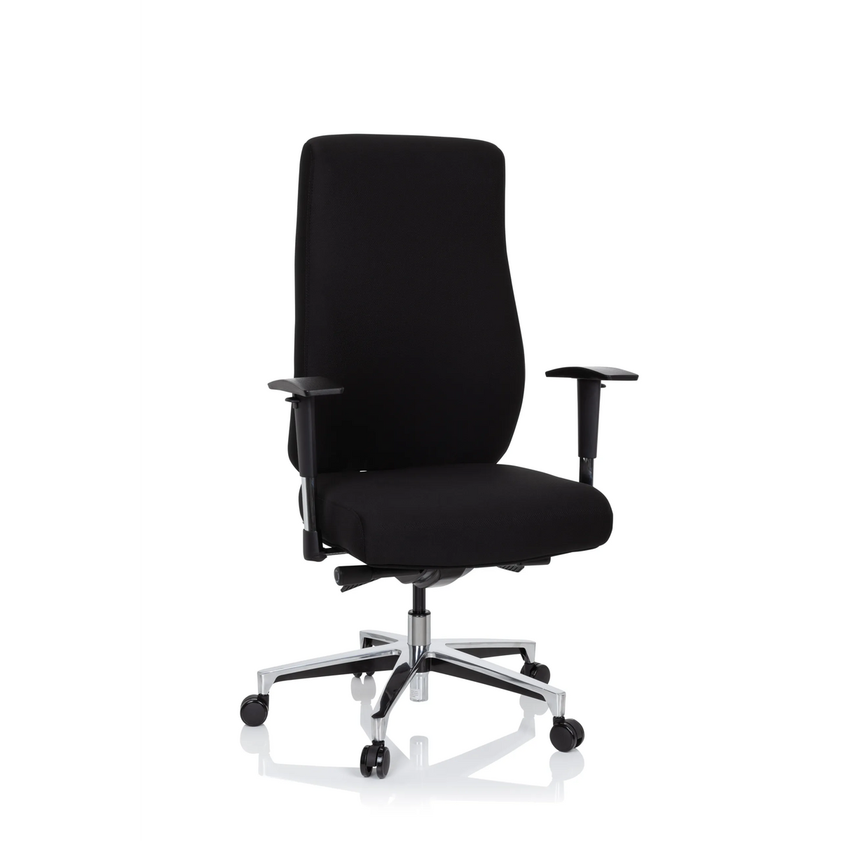 Siège de bureau de qualité professionnelle FORCOM noir avec accoudoirs et pied à cinq roulettes de hjh OFFICE – vue à 360° (vue de face 20°)