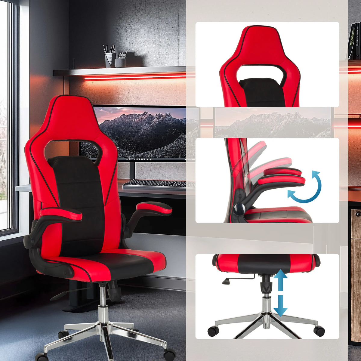 Fauteuil Gamer GAME SPORT PRO rouge et noir avec accoudoirs réglables et assise réglable en hauteur de MyBuero