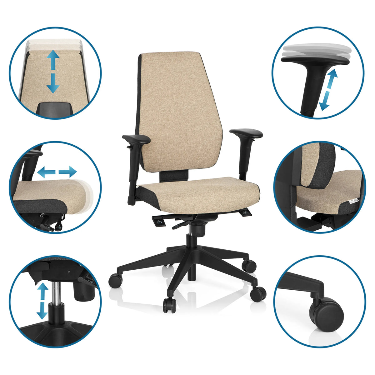 Fonctions réglables du Siège de bureau de qualité professionnelle PRO-TEC 500 en beige avec roulettes et vérin à gaz de hjh OFFICE