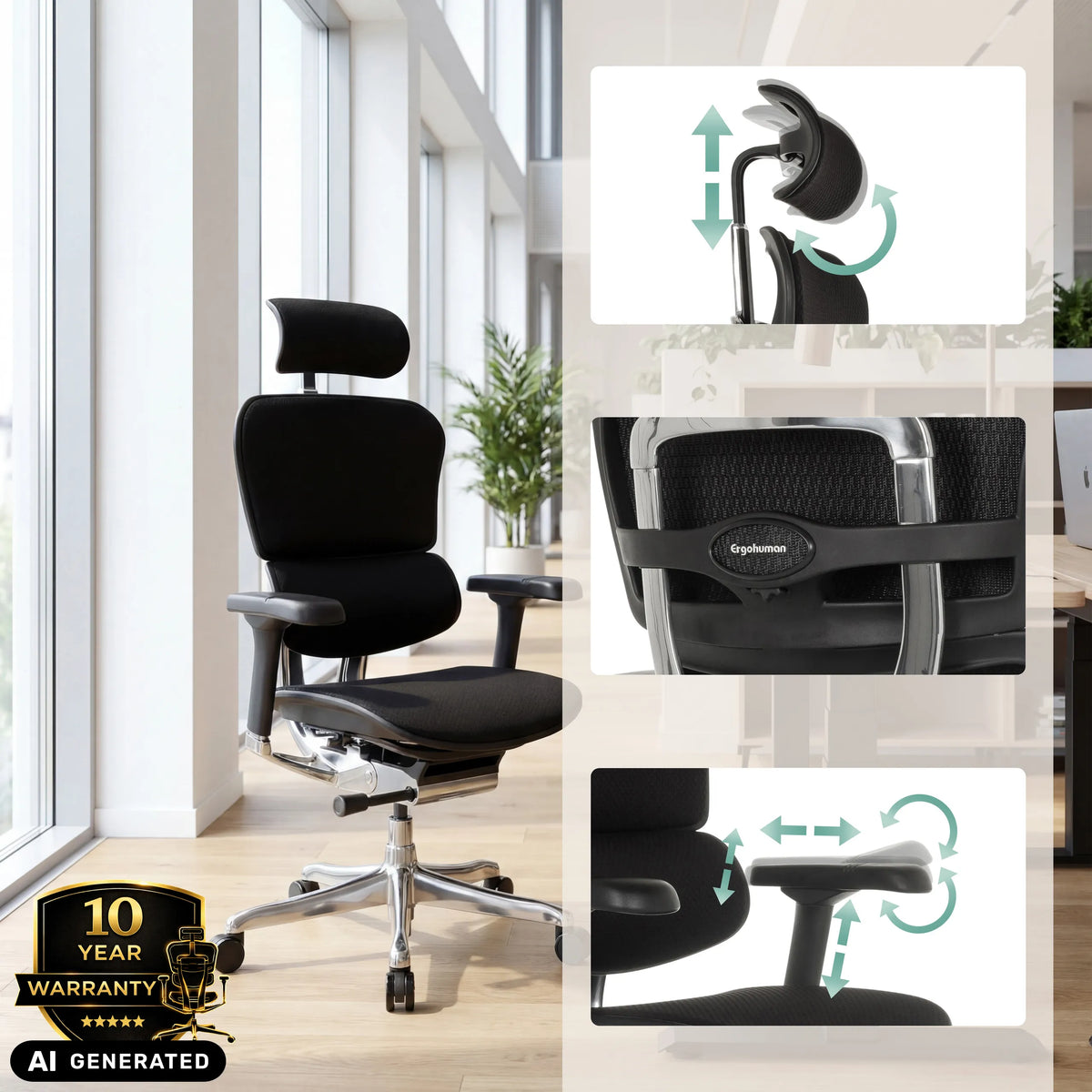 Siège de direction de luxe ERGOHUMAN GEN2 avec appui-tête et accoudoirs réglables de hjh OFFICE (image générée par IA)