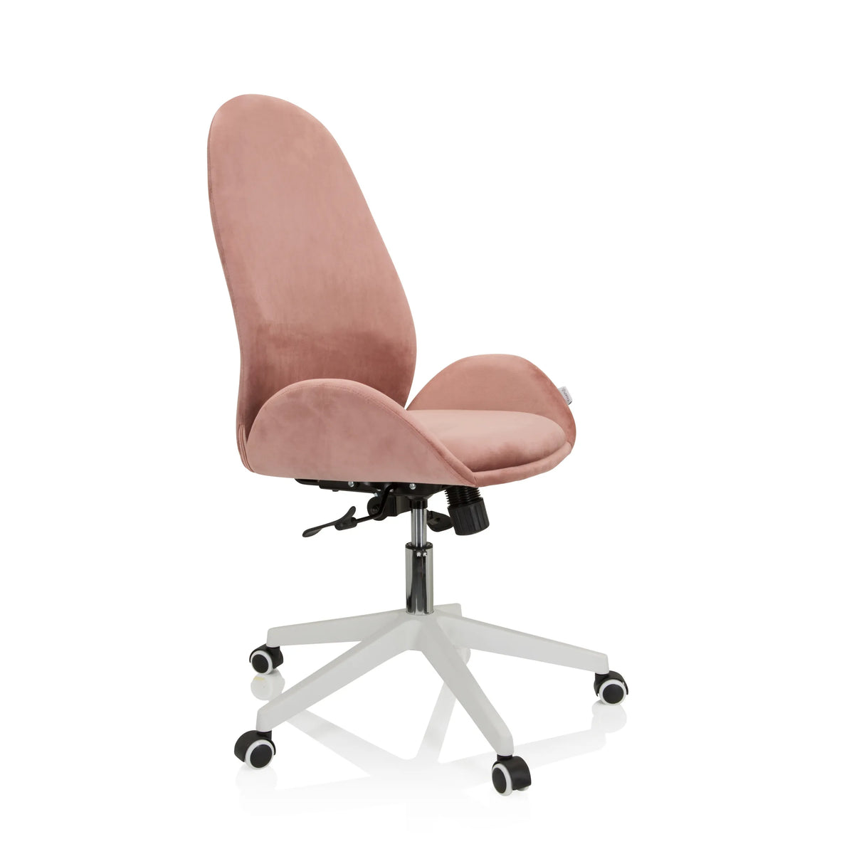 Siège de bureau à domicile AVEA rose avec accoudoirs et piètement blanc à cinq roulettes de hjh OFFICE – vue à 360° (vue de trois quarts avant 60°)