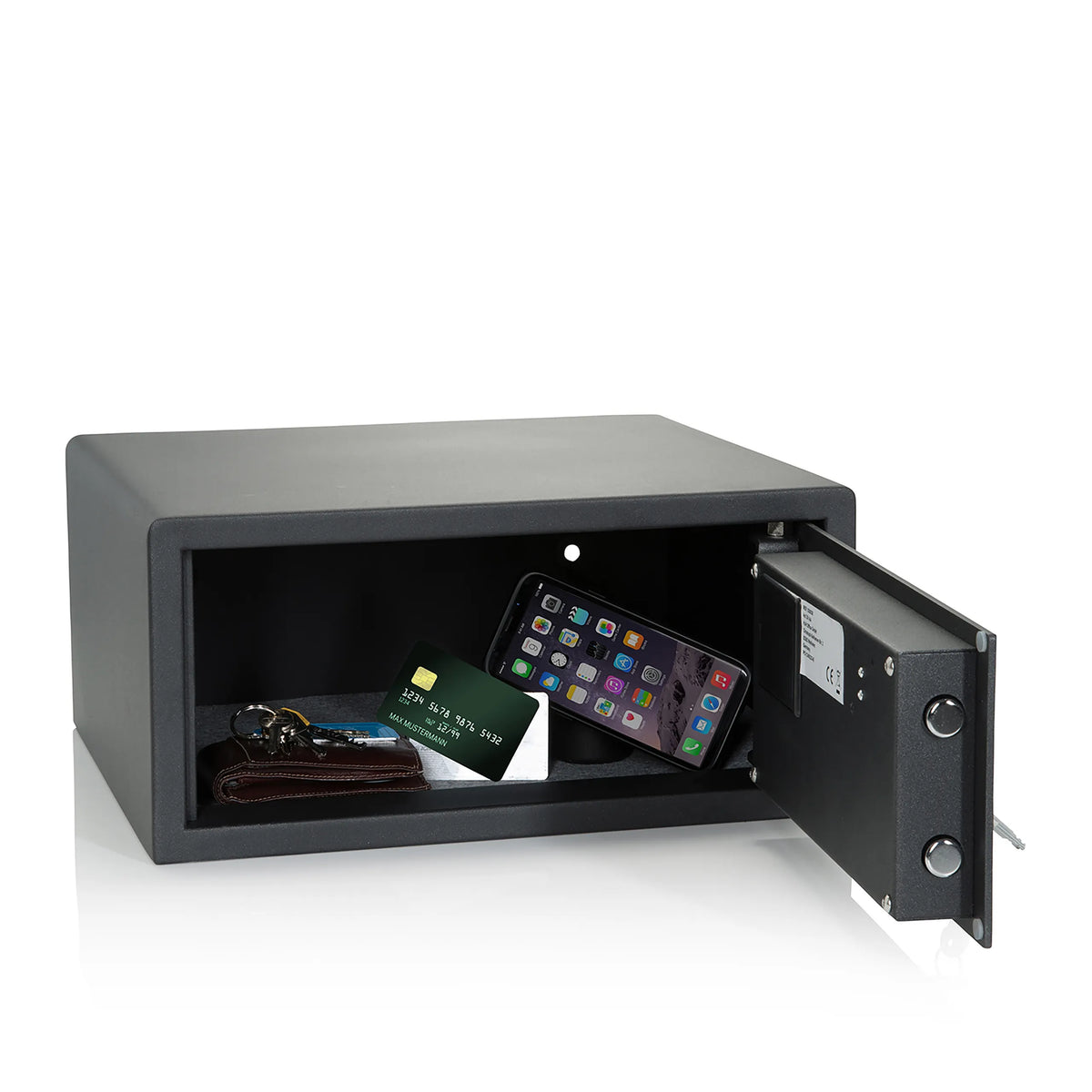 Coffre-fort SAFE COMPACT I noir ouvert avec un smartphone, une carte de crédit et des clés à l'intérieur de hjh OFFICE
