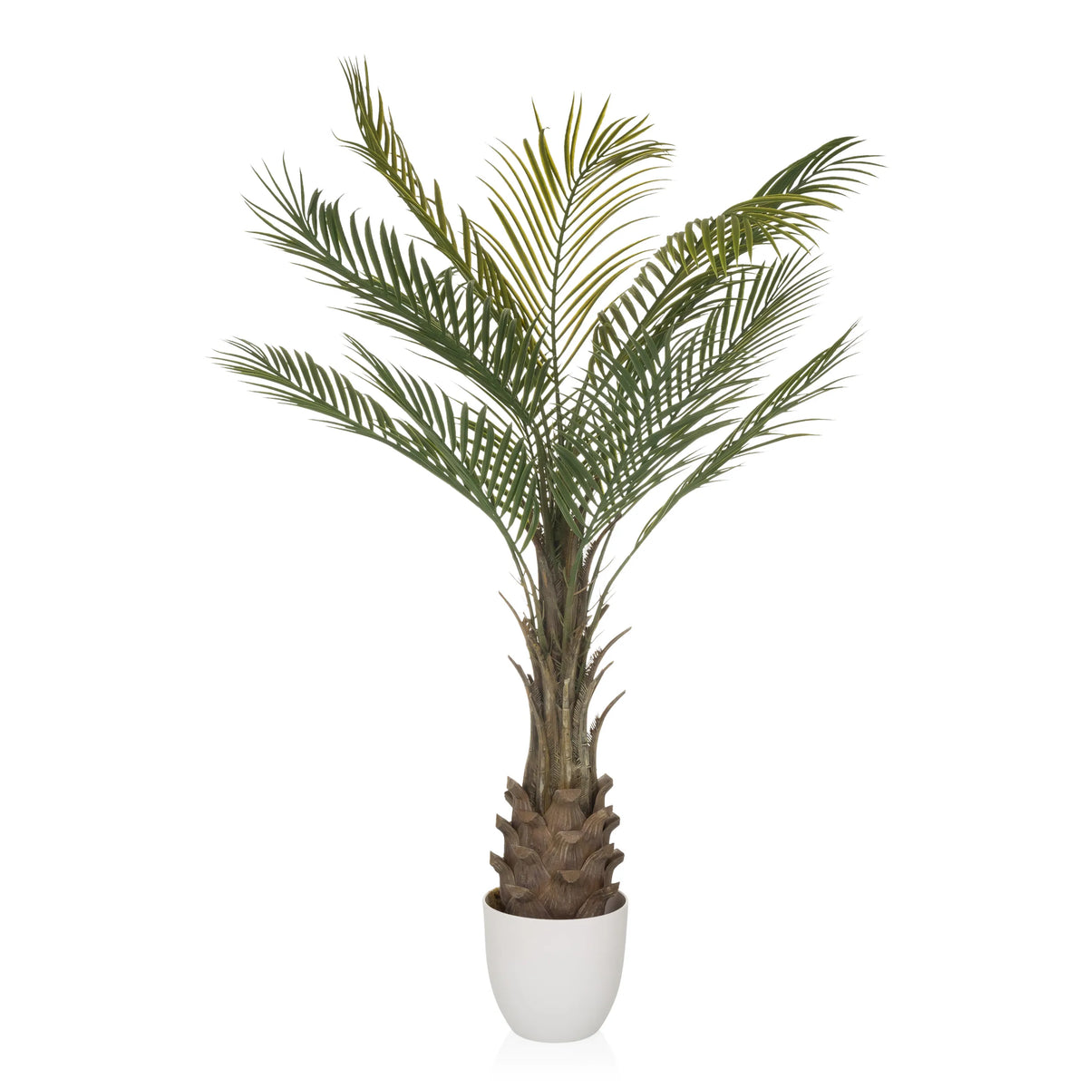 Plante artificielle verte DRACAENA en forme de palmier avec cache-pot blanc de hjh OFFICE – vue à 360° (vue de profil 90°)