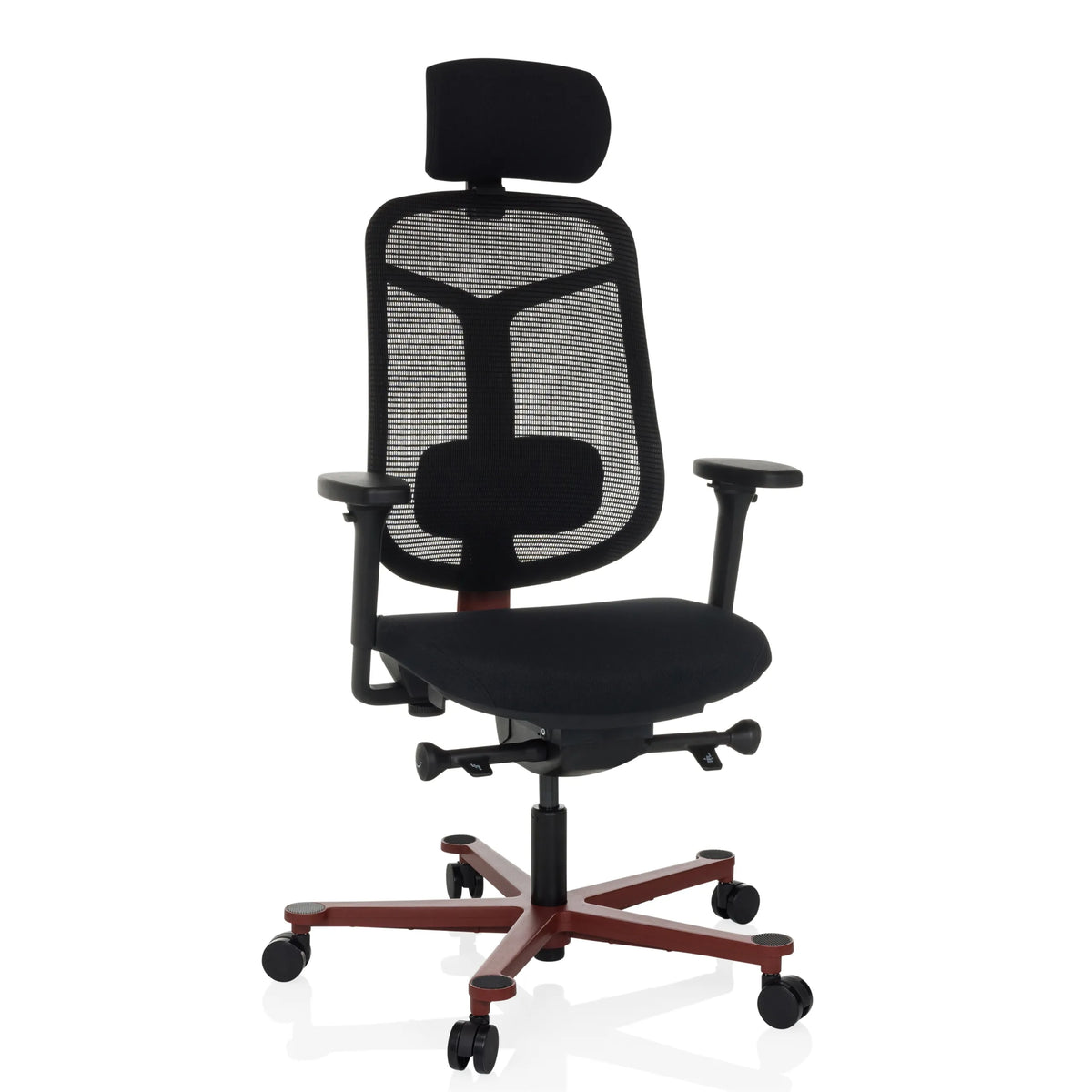 Siège de bureau haut de gamme BICOLORE HIGH noir avec dossier en maille, appui-tête et piètement rouge à cinq roulettes de hjh OFFICE – vue à 360° (vue de face 15°)