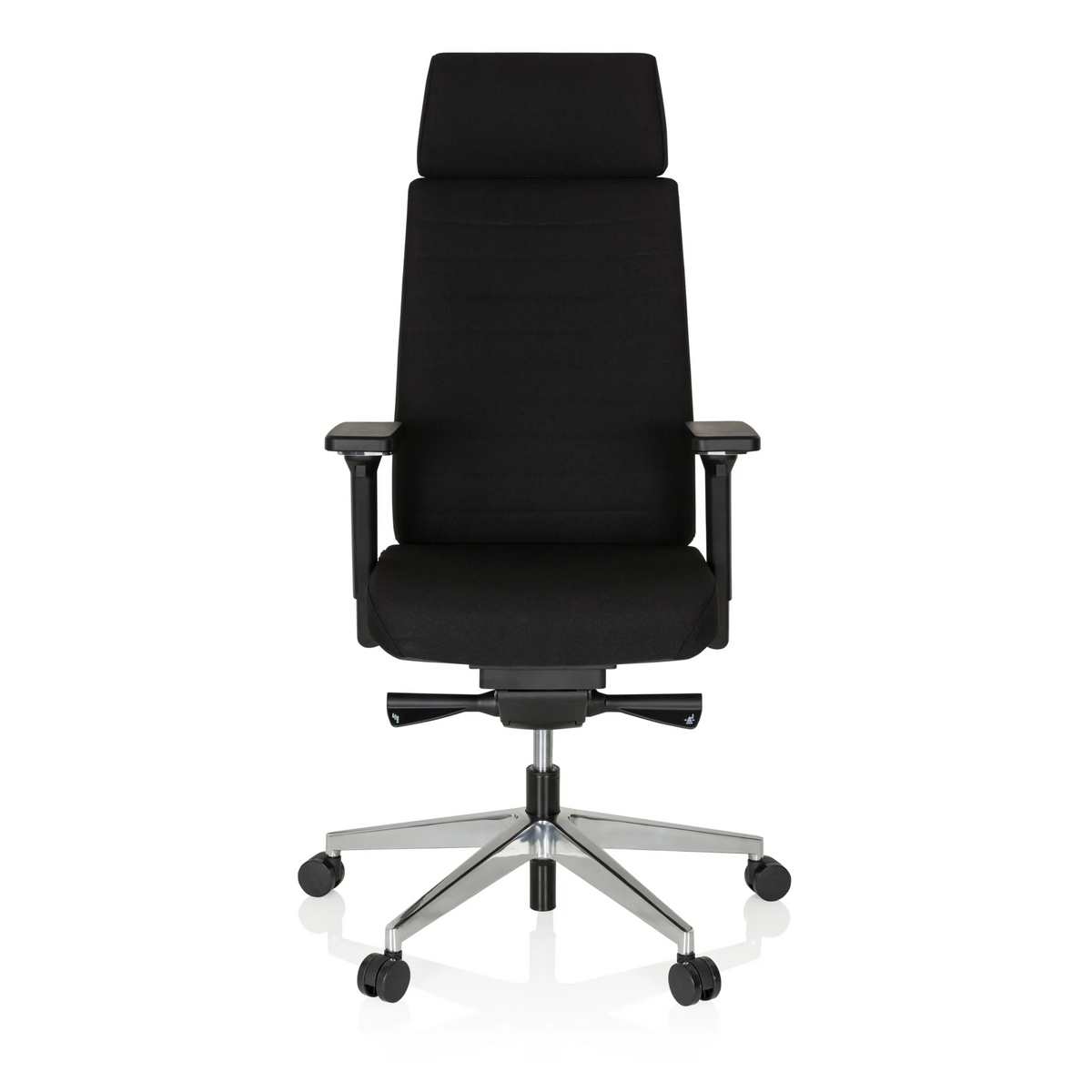 Siège de bureau de qualité professionnelle MOVE-TEC PRO 3D noir avec appui-tête et base à cinq roulettes de hjh OFFICE – vue à 360° (vue de face 0°)