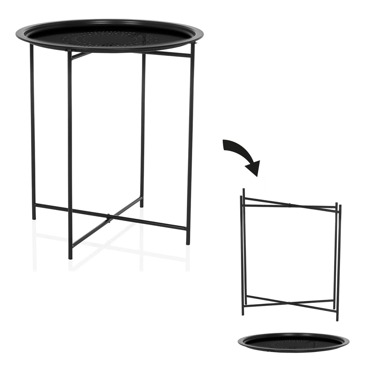 Vue éclatée de la table d'appoint ALLRUND en noir avec plateau perforé de hjh LIVING