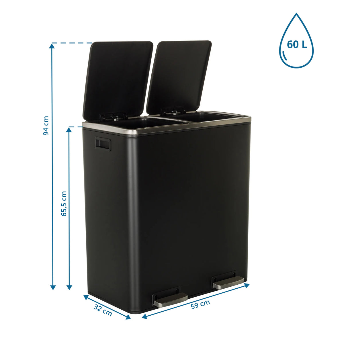 Dessin dimensionnel de la poubelle CLEAN XI d'une hauteur de 94 cm et d'une capacité de 60 l de hjh OFFICE