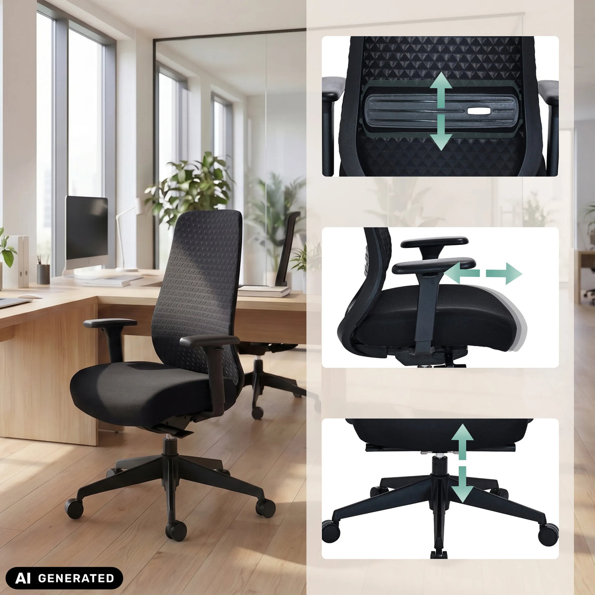 Fonctions de réglage en hauteur du siège de bureau de qualité professionnelle Verviq en noir de hjh OFFICE (image générée par IA)