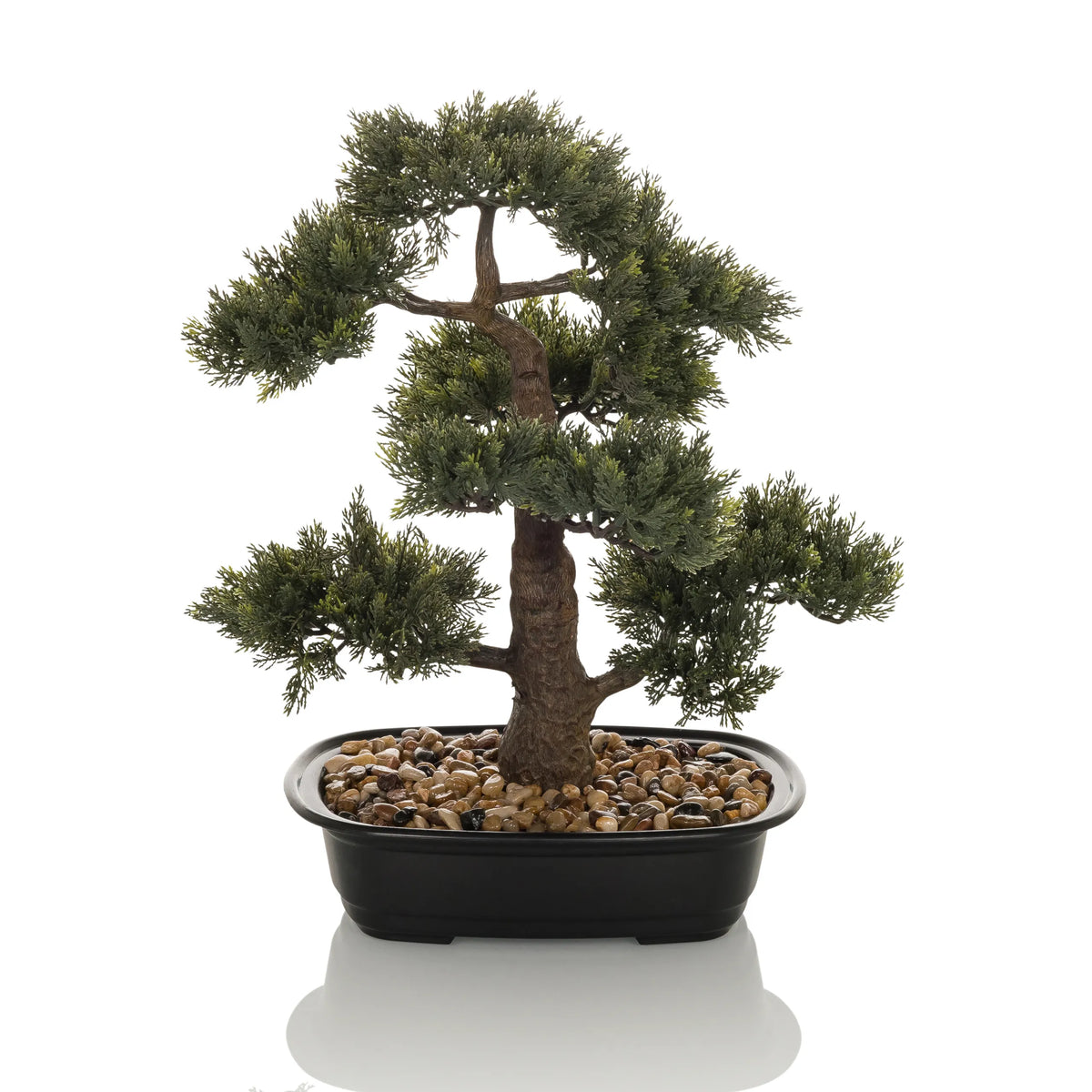 Plante artificielle verte BONSAI en forme de bonsaï dans un pot noir avec des cailloux de hjh OFFICE – vue à 360° (vue de profil 90°)