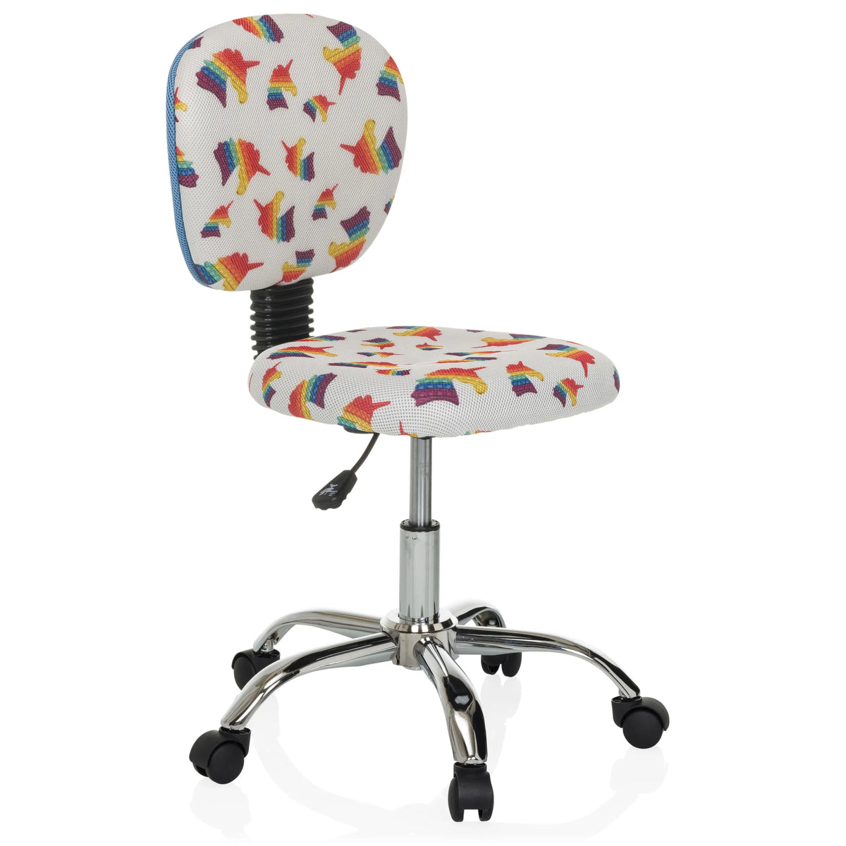 Chaise pivotante pour des enfants KID BUBBLE avec motif arc-en-ciel coloré et base à cinq roulettes de hjh OFFICE – vue à 360° (vue de trois quarts avant 45°)