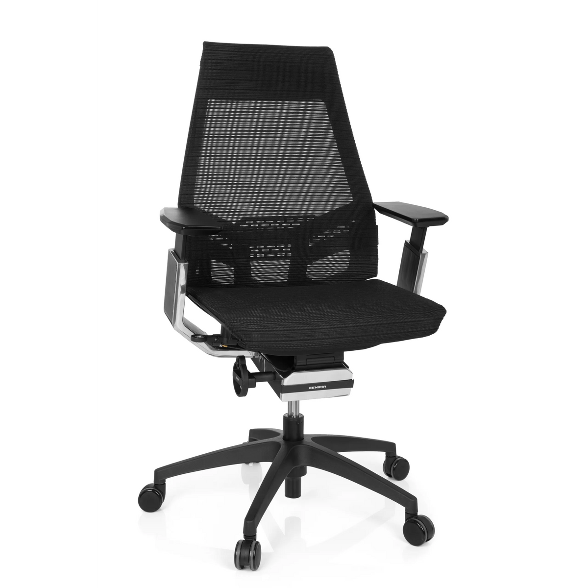 Siège de bureau professionnel noir GENIDIA SMART BLACK CM dossier maille et base à cinq roulettes de hjh OFFICE – vue à 360° (vue de face 20°)